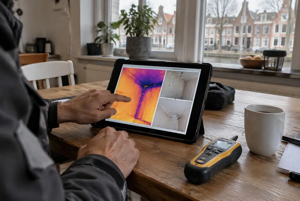 Lekdetectie Lunteren – lekdetectierapport met warmtebeelden en foto's op een tablet
