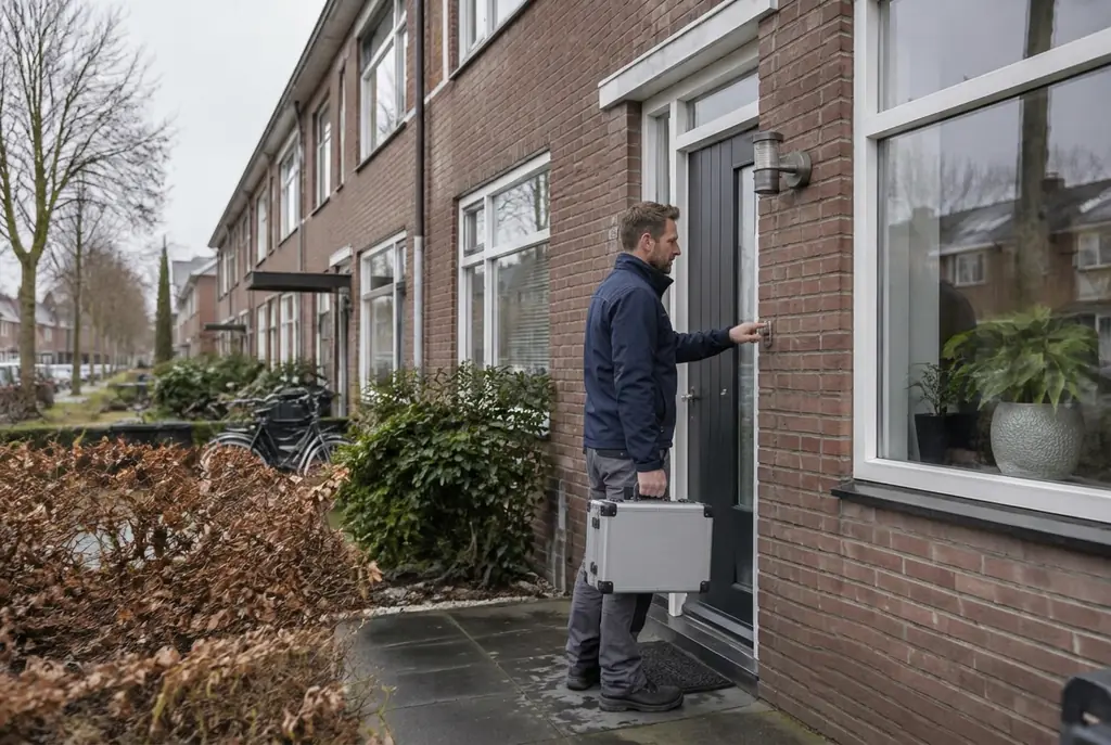 Lekdetectiespecialist met meetkoffer bij de voordeur van een woning in Lunteren